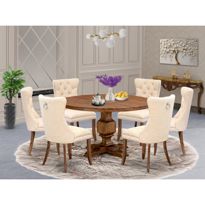 7-Piece Kitchen Table Set with Linen Fabric 6 Light Beige Padded chairs, Button-Tufted Backs, and a 54"Round Kitchen Table in Antique Walnut Finish.