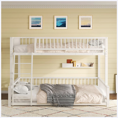 White Full XL Over Queen Floor Bunk Bed Frame with Ladder & Safety Guardrails, Easy Assembly