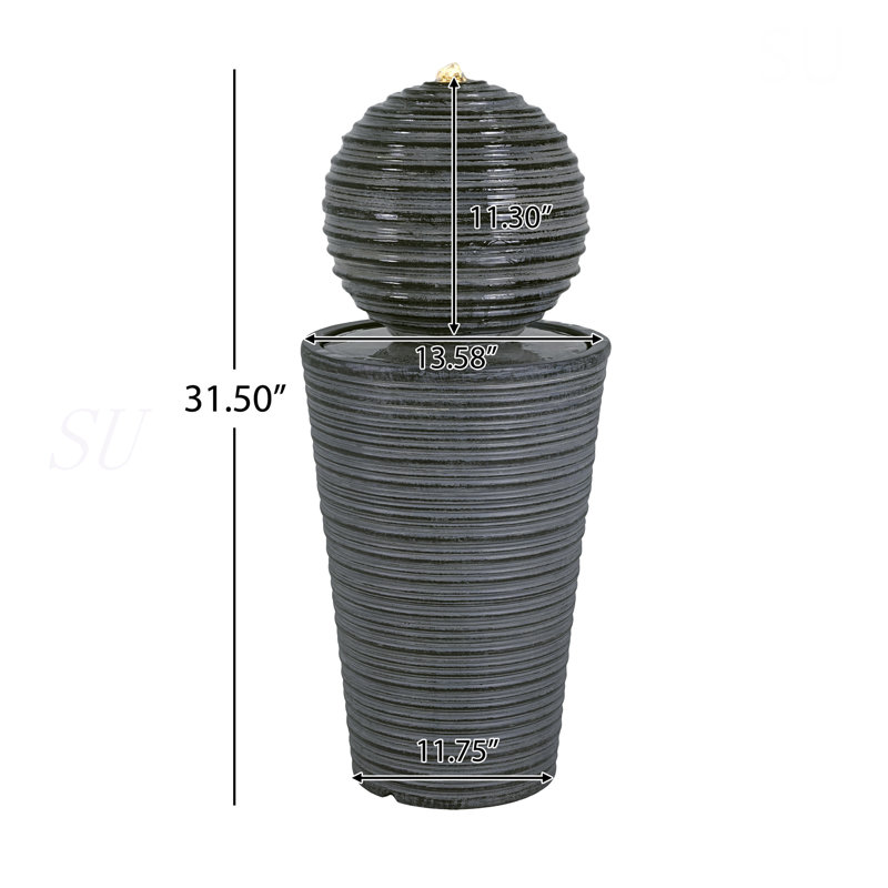 31.5"H Tall Striped Concrete Column Fountain-LED Light,Shadow Ambiance Maker For Modern Outdoor Spaces