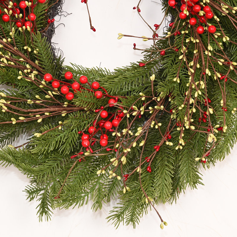 Couronne de sapin de Noël 24 po, Vert/rouge