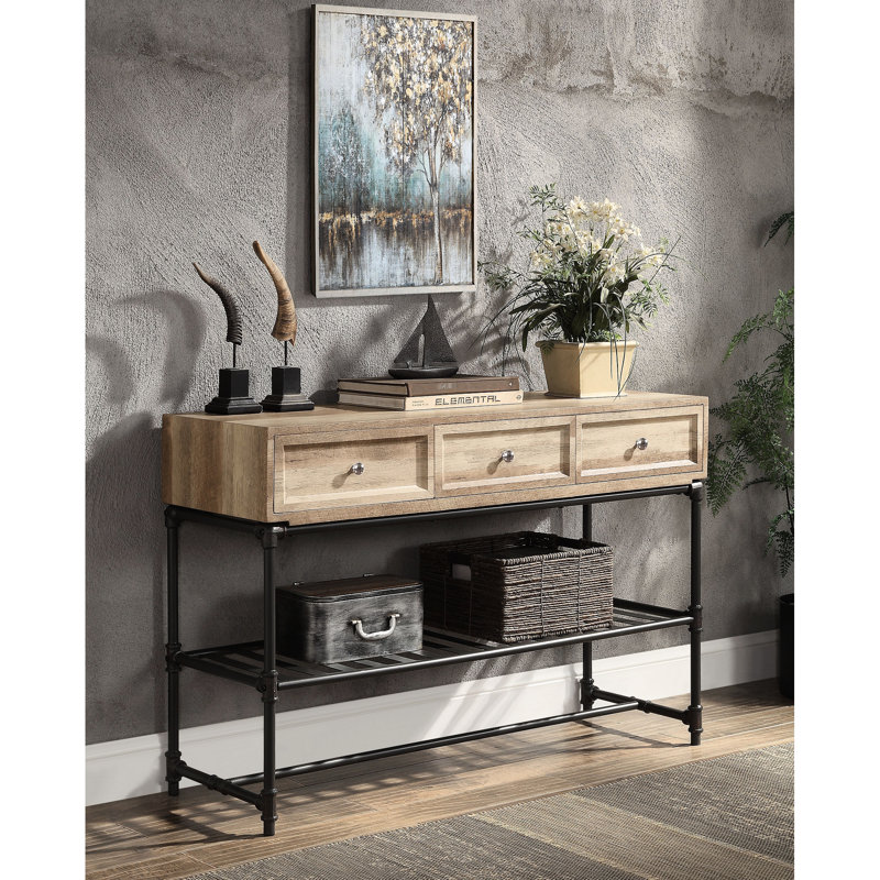 Élégante table avec placage de chêne et rangement pratique avec tablette élégante à tiroir fonctionnel gris sableux