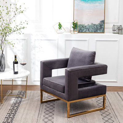 Chaise d'appoint grise de style contemporain avec revêtement en velours de qualité, structure en métal, carré, dossier rembourré pour plus de confort, accoudoir rembourré avec tissu velouté, structure et détente