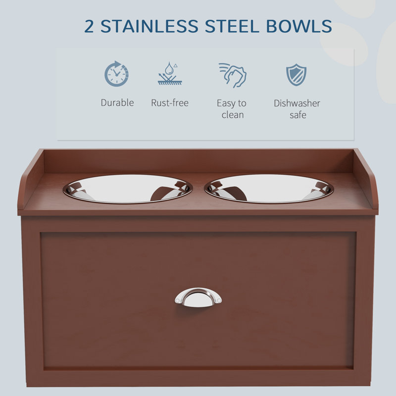 Brown Elevated Dog Feeding Station with Stainless Steel Bowls