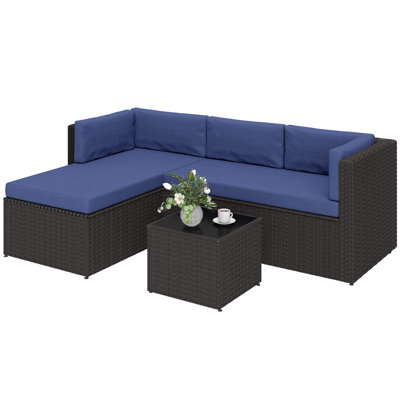 Ensemble de conversation modulaire pour patio 3 personnes avec coussins, mobilier de patio, bleu marine