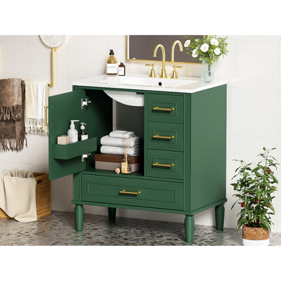 Table d'appoint de salle de bain 30 po avec fermeture en douceur, trois tiroirs, lavabo en céramique, poignées dorées, petites portes traditionnelles fermées, salle de bain
