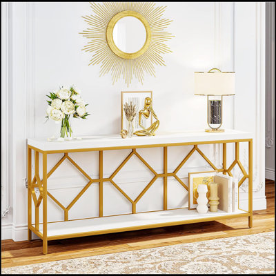 Console industrielle extra longue de 70,9 pouces avec structure en métal à motif de losanges, rangement ouvert à 2 niveaux pour les entrées et les salons modernes