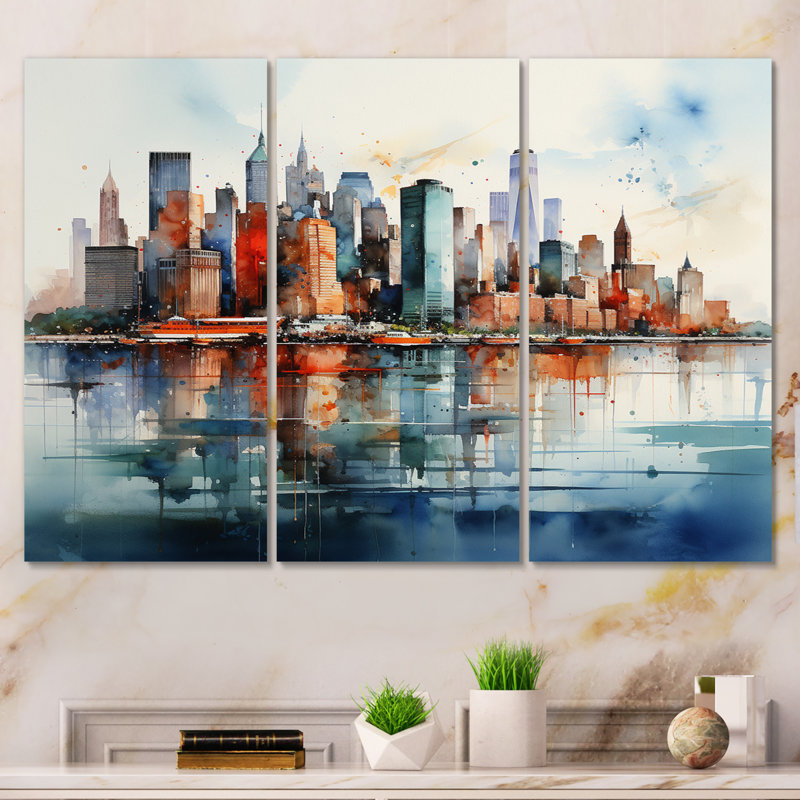 «Dreamy New York Scenery Retro Watercolor V - City New York», ensemble d'art sur toile, H 40 po x l 60 po x P 1 po