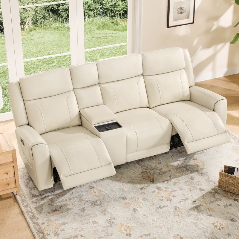 3-Seat Dual Motor Genuine Leather zero clearence recliner Power Recliner Sofa With Power Headrest And Console, Cream