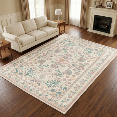Tapis d'intérieur bohème vintage à motifs floraux, lavable, doux et résistant aux taches, facile à nettoyer, avec envers en caoutchouc antidérapant, à poils courts, idéal pour le salon, la chambre et l'entrée.