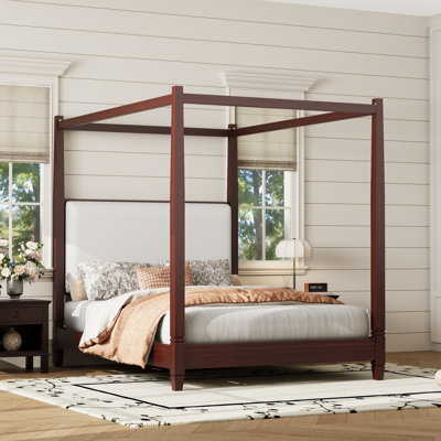 Grand lit plateforme à baldaquin avec tête de lit tapissier et support à lattes de bois - Mobilier de chambre à coucher en bois massif moderne, espresso