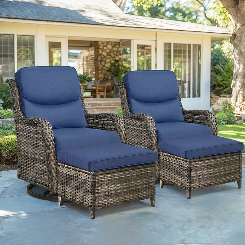 Koba 2-Person Wicker Swivel Rocker Patio Set with Ottomans and Cushions, Blue, Grey