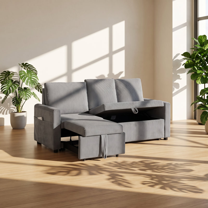 Simple Relax 70" W x 30" D x 35" H Corduroy Upholstered 3-Seat Sleeper Sofa with Storage Chaise