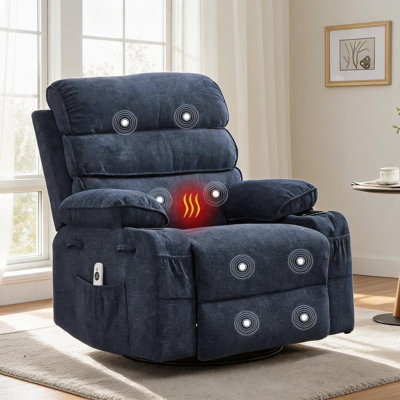 Swivel Glider Rocker Recliner Chair with Massage & Heat, Manual Linen Upholstered Nursing Recliner with Vibration, Side Pocket & 2 Cup Holders for Living Room,Blue