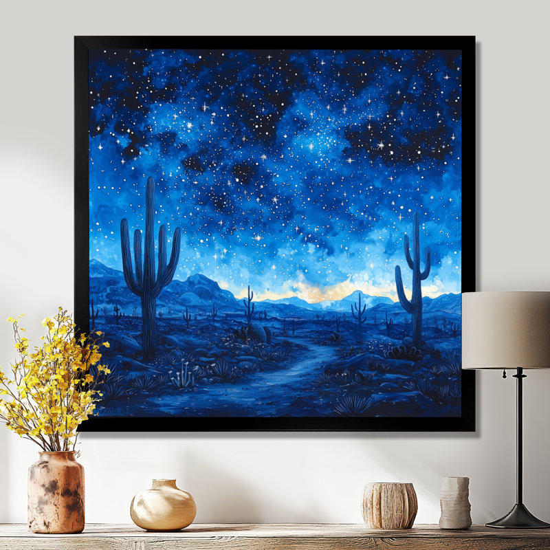 Markcus cactus sous le désert, étoiles bleues I - cactus, H 16 po x l 16 po, Picture Framed, Noir