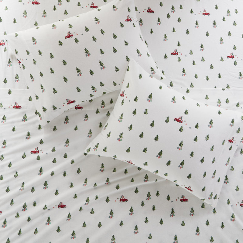 Woolrich 100% Cotton Flannel Sheet Set, Full Sheet Set with 2 Pillowcases, Green Tree Trip
