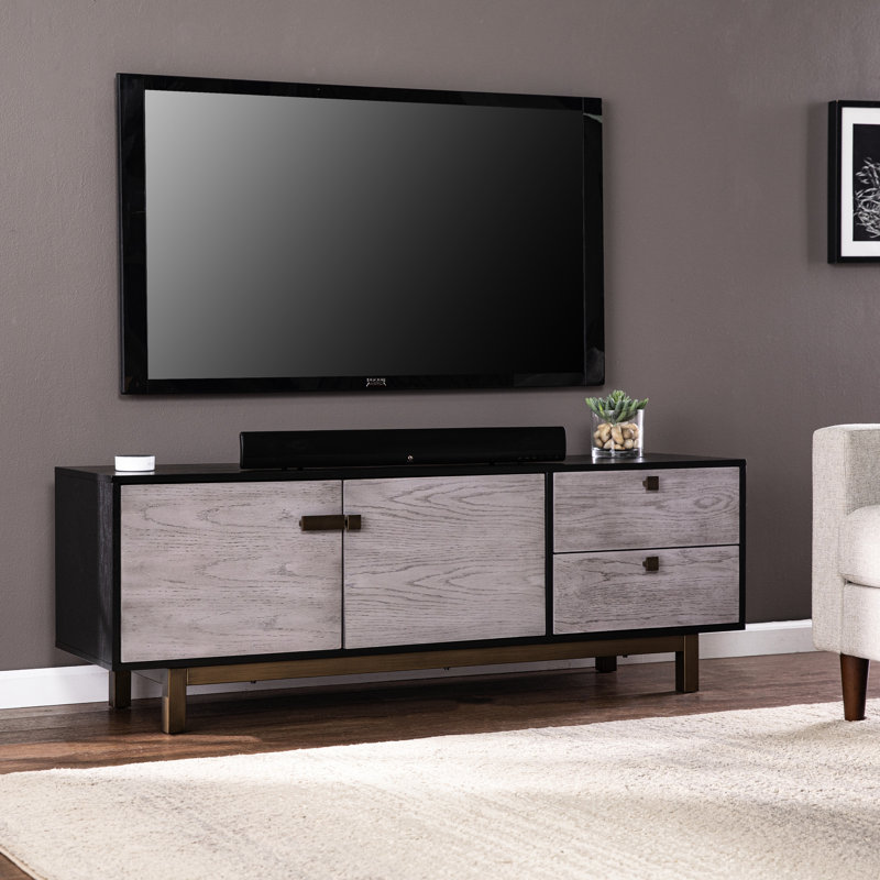 Console média moderne, rangement gris pour téléviseurs de 60 à 69 pouces, portes doubles, 2 tiroirs, console d'apparence à pattes en bronze antique, base Suits