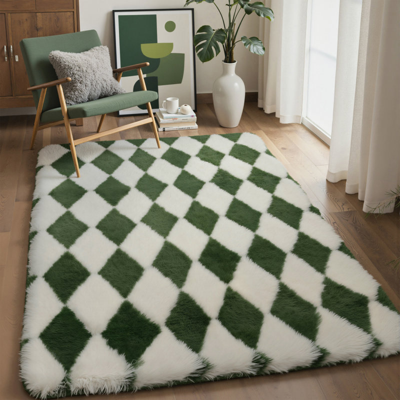 Modern Green/White Checkered Machine-Washable Shag Area Rug, Rectangle 8' x 10', Green/White