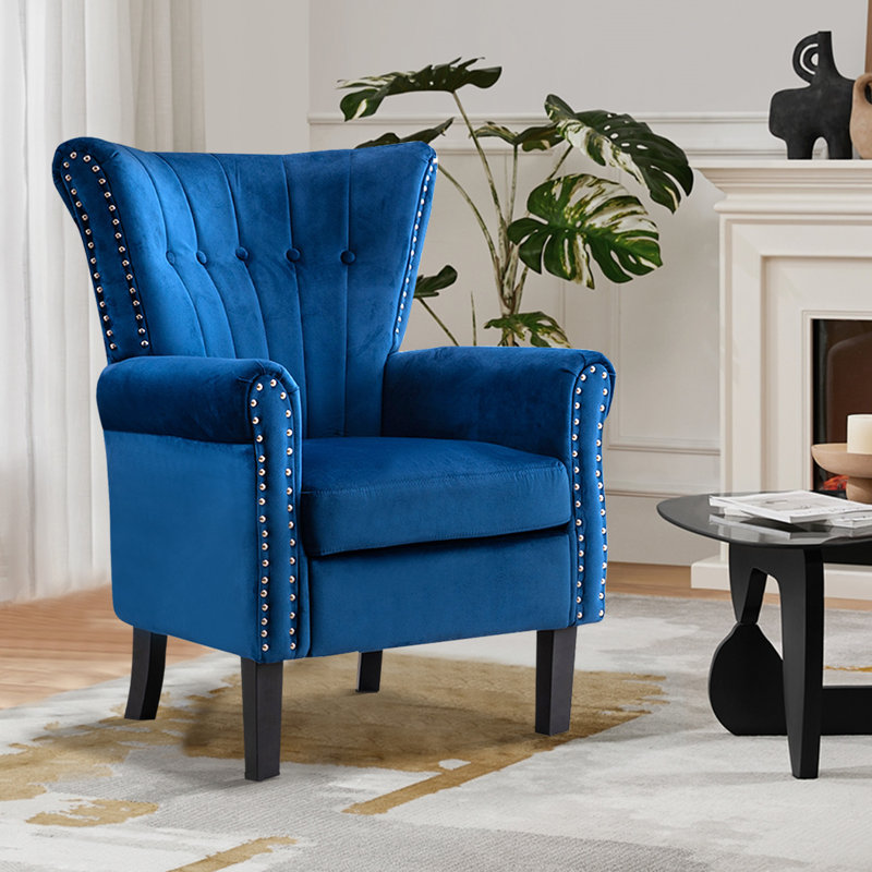 Accent Chair Upholstered Tufted Wingback With Nailhead Around For Room, Blue Velvet