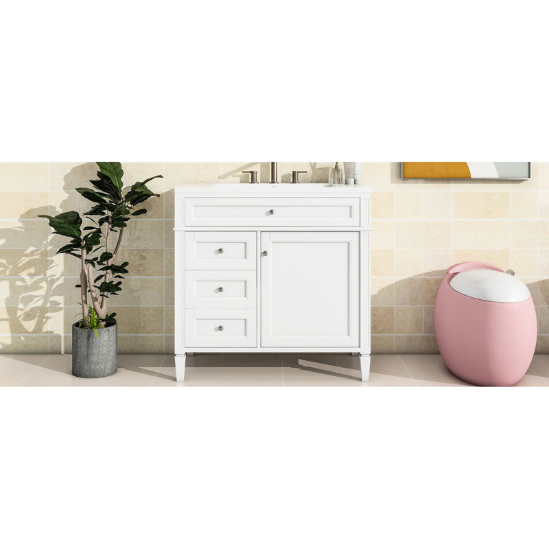 Meuble-lavabo moderne 36 po avec lavabo, 2 tiroirs et tiroir coulissant, ensemble de fixation en céramique et armoire, Blanc