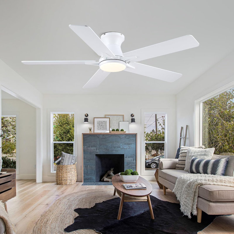 Ventilateurs de plafond à profil bas de 52 po à 5 pales avec lumières et télécommande / application, Blanc