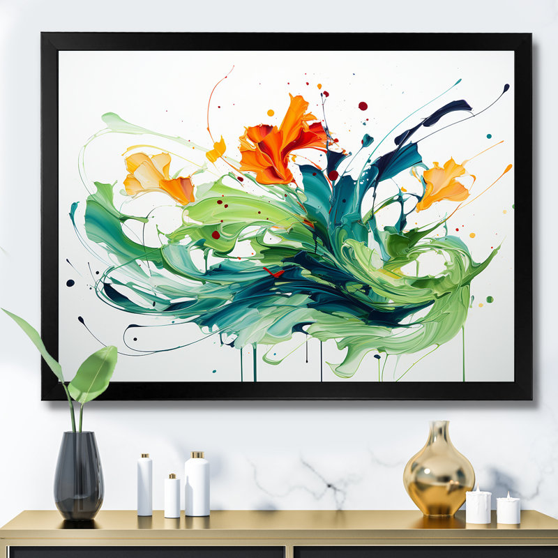 «Green and White Abstract Expression», peinture d'art abstrait IV, H 34 po x l 44 po x P 1,5 po, Cadre d'angle fermé noir