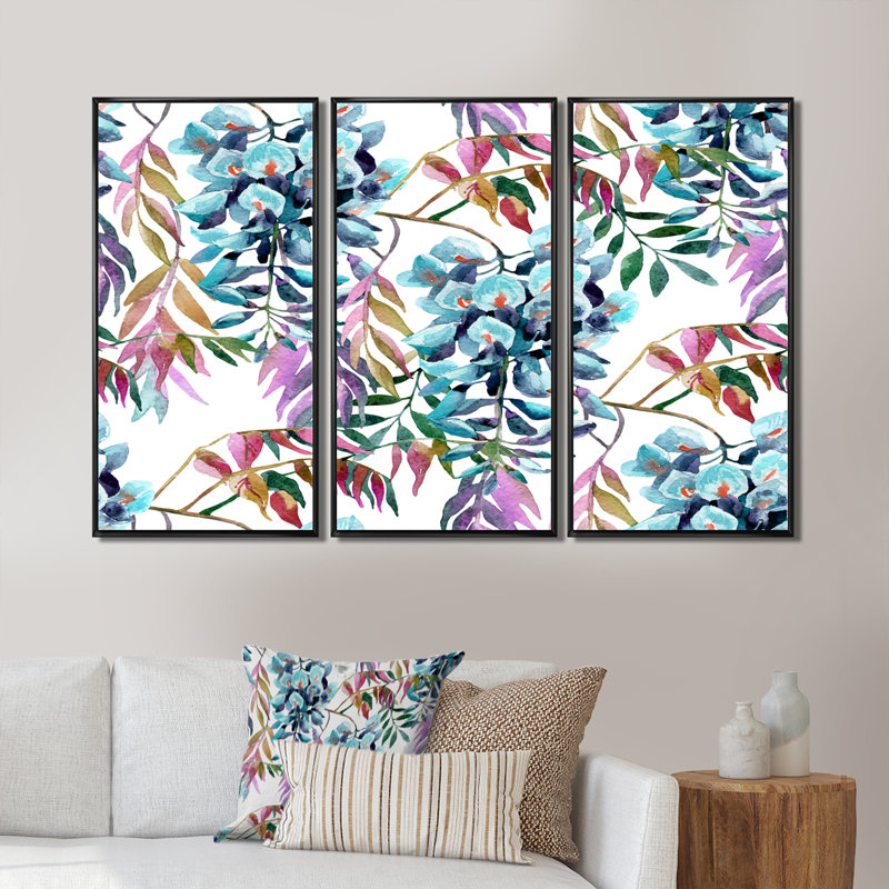 Fleurs de glycine avec feuilles mauves - ensemble de 3 toiles encadrées, Noir, H 20 po x l 36 po