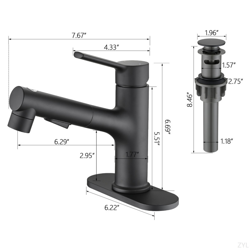 Bathroom Sink Faucet With Pull Out Sprayer, Single Handle Modern Bathroom Basin Faucet With Pop-Up Sink Drain Stopper & Deck Plate