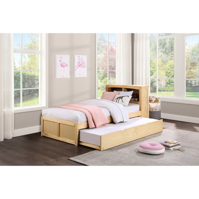 Lit simple avec lit gigogne et tête de lit bibliothèque, style moderne, finition en pin naturel, sans sommier, lit gigogne à plateforme optimisée pour l'espace de sommeil, matelas transitionnel, sommier, matelas de 8 pouces