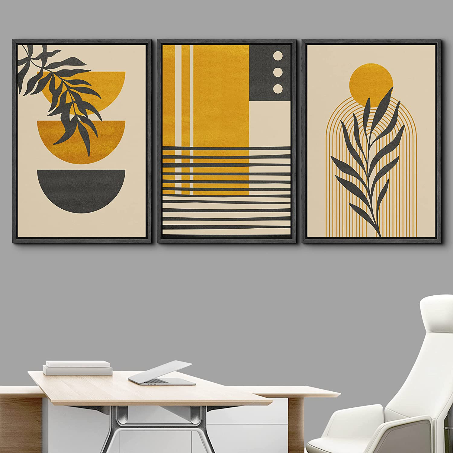 Geometric Mid-Century Pastel Polygon Tropical Leaf Abstract Shapes - 3 Piece Floater Frame Graphic Art Set on Canvas IDEA4WALL Frame Color: Natural, S
