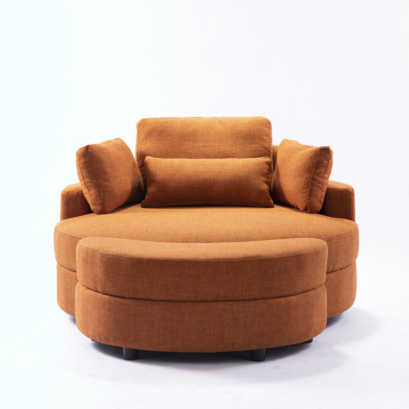 Danieal Upholstered Barrel Chair with Ottoman, Orange Fabric