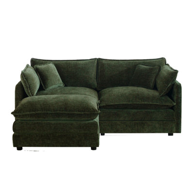 Green Chenille 2-Seater L-Shaped Sectional Sofa with Ottoman, Small Space Loveseat Couch