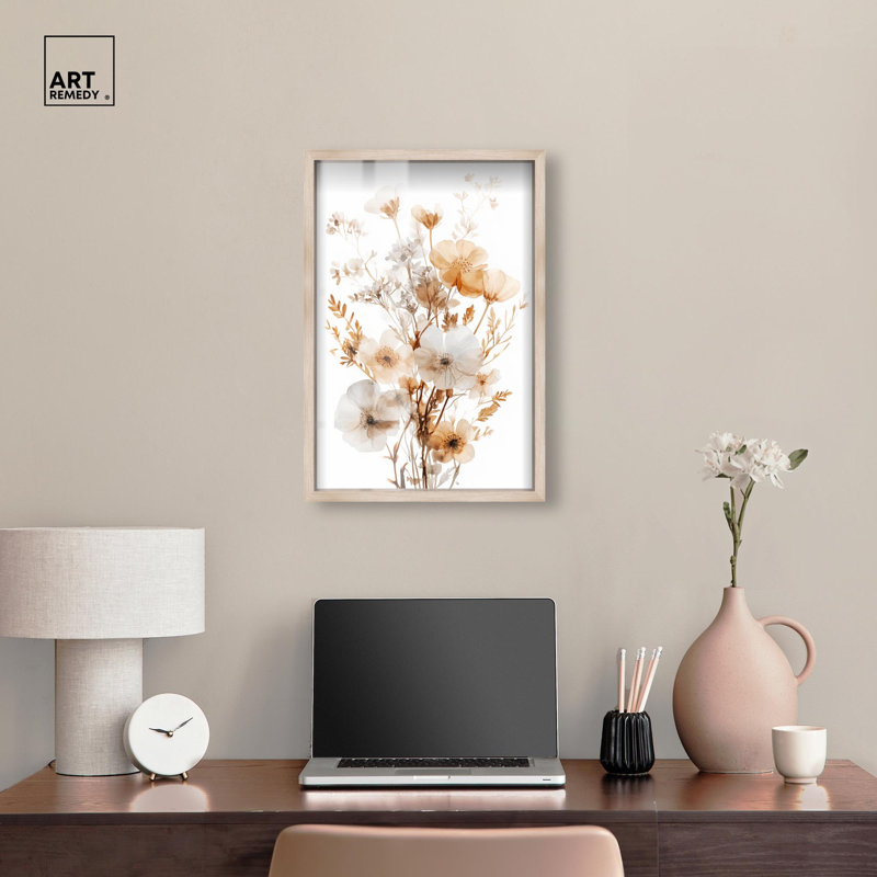 «Parchment Petals Shadowbox Print», art floral élégant par Art Remedy, H 25 po x l 17 po, Crème, crème