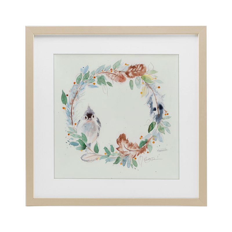 «Wispy Bird & Botanical Wreath», reproduction encadrée sous verre, conception de Cady, Cadre de récolte en pin
