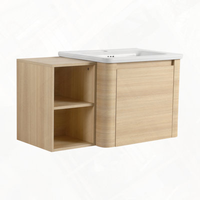 Meuble-lavabo mural avec tablettes de rangement pour lavabo en céramique blanche et porte à fermeture en douceur