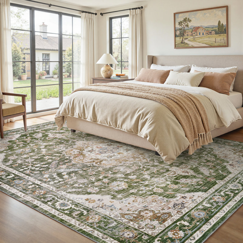 Machine Washable Vintage Floral Soft Area Rug With Non-Slip Backing For Living Room, Bedroom Sage Green, Rectangle 8' x 10'