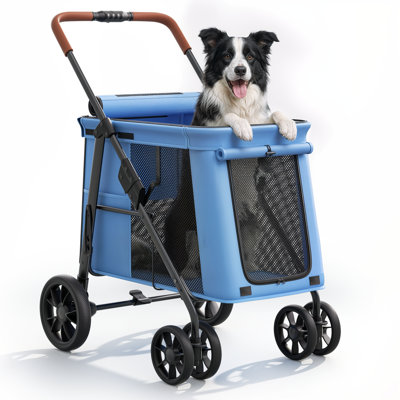 One-Click Foldable Pet Stroller,  4 Wheel Jogger Stroller With Storage, Removable Tray, Mesh Window, Safety Leash