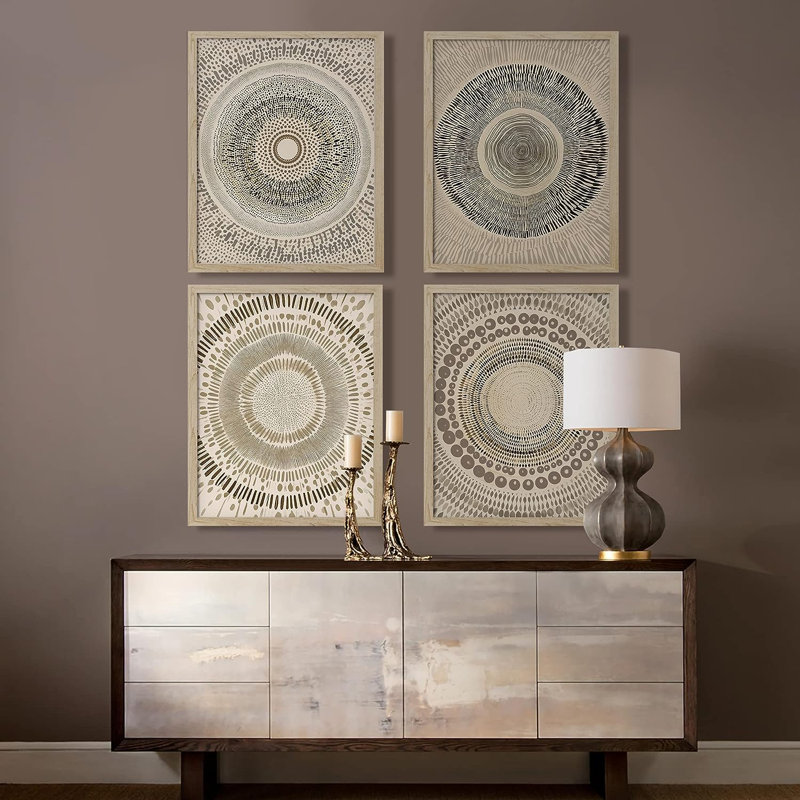 Muted Boho Abstract Geometric Bohemian Small Home Decor - Framed Poster Print 4 Pieces Wall Art Work, Natural Framed