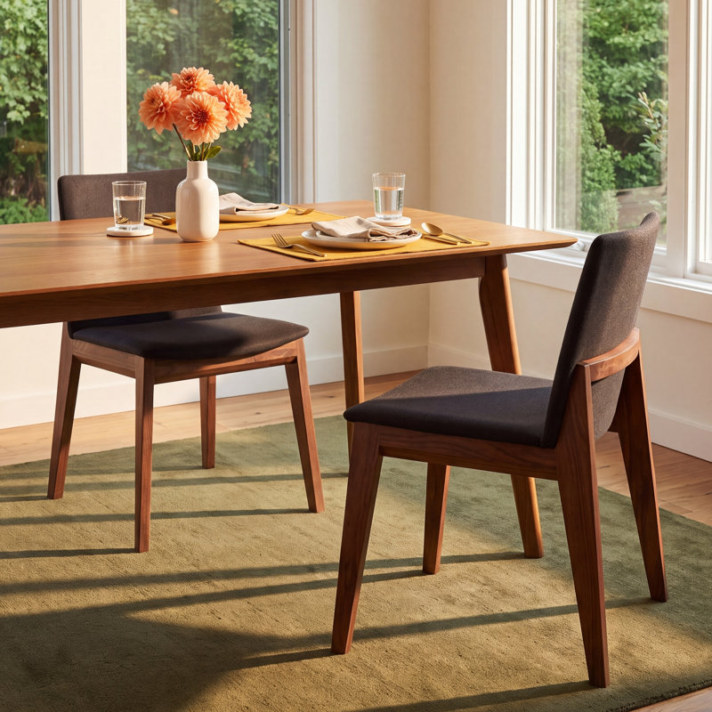 Anrey Solid Wood Upholstered Dining Chair, Black Canvas, Brown