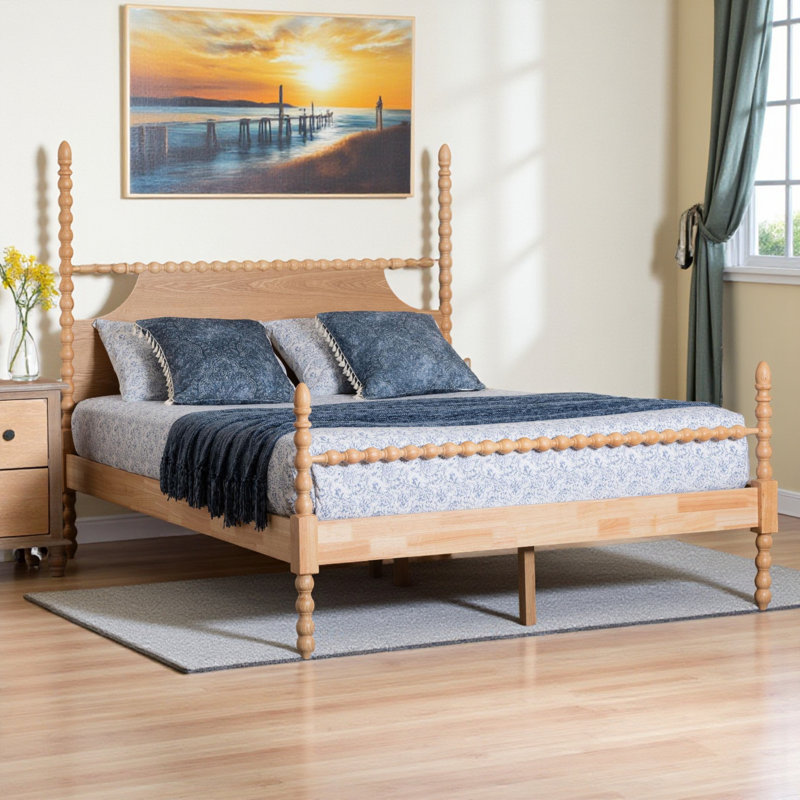 Celsie Queen Size Four-Poster Platform Bed with Natural Wooden Bed Frame, 58.82'' H X 62.04'' W X 84.19'' L, Natural, Queen