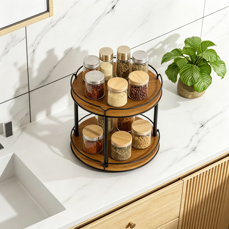 Organisateur 2 étages à plateau tournant, support à épices rotatif en bois pour comptoir de cuisine, garde-manger, meuble-lavabo et table de salle à manger
