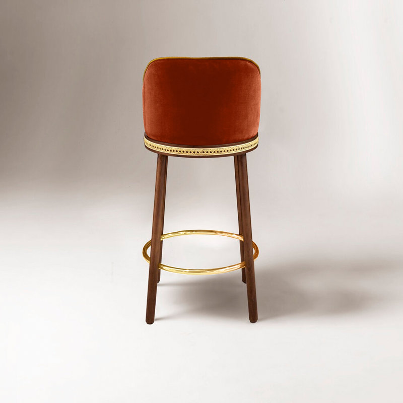 Alma Upholstered Stool with Solid Wood Frame, Fire, Counter Stool (27" Seat Height), Polished Brass