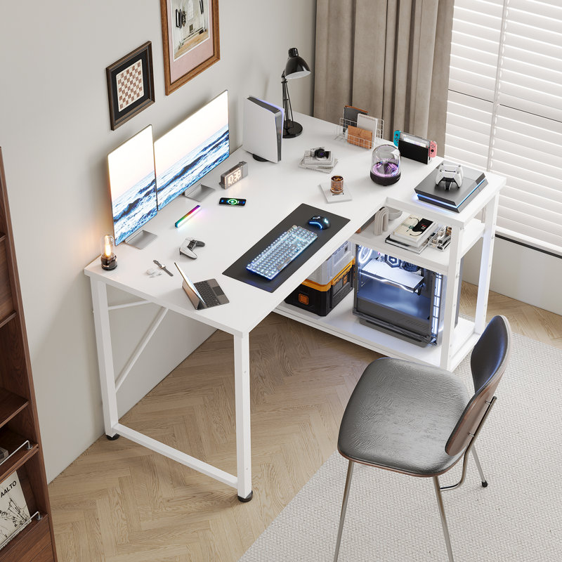 Ambus L Shape Computer Desk, White/Beige, 110cm W x 80cm D, Right Hand