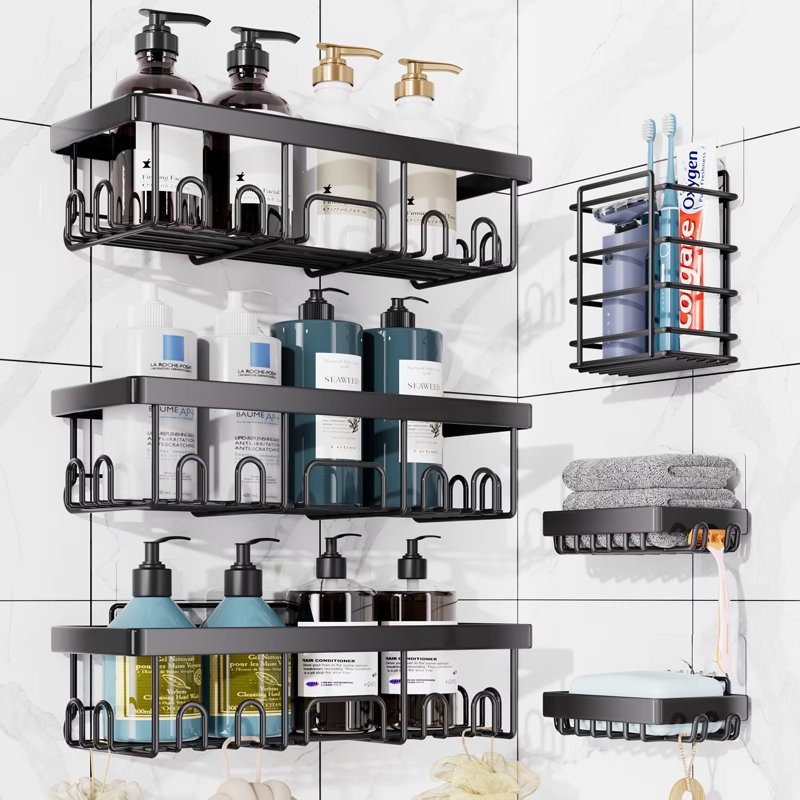 6 Pack  Capacity Bathroom Organizers and Storage, Adhesive Shower Caddy, Large No Drilling Wall-Mounted Basket, Black