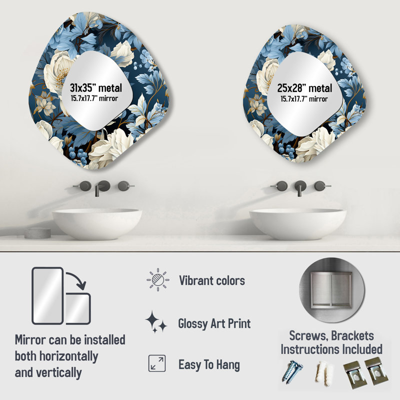Arctic Blue And White Botanical Pattern III - Floral Asymmetrical Mirror, Blue Freeform Unique Wall Mirror, Printed Metal Art