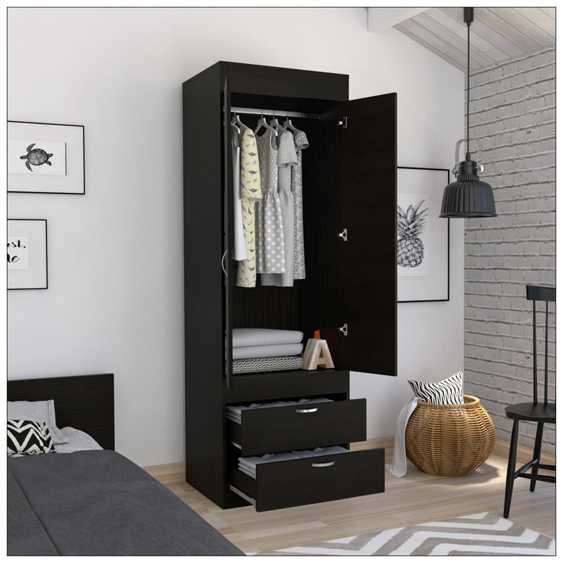 Armoire Lisboa, tringle, double porte, deux tiroirs, poignées en métal, Noir