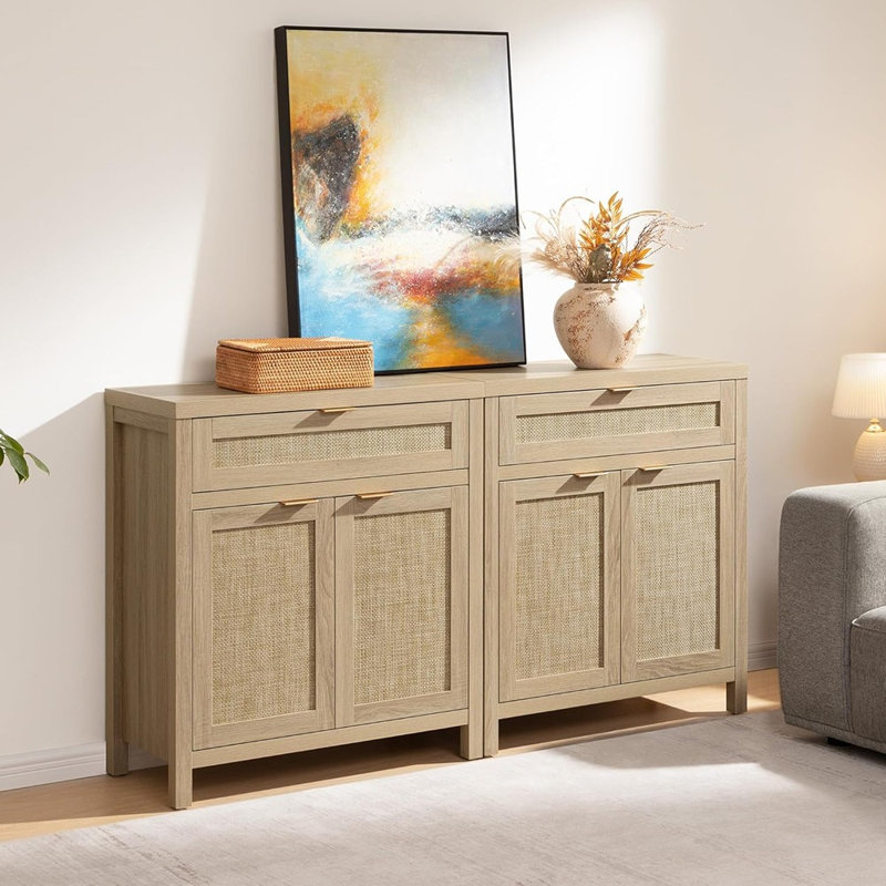 Buffet en rotin (ensemble de 2), console Boho avec portes et tiroir - Naturel