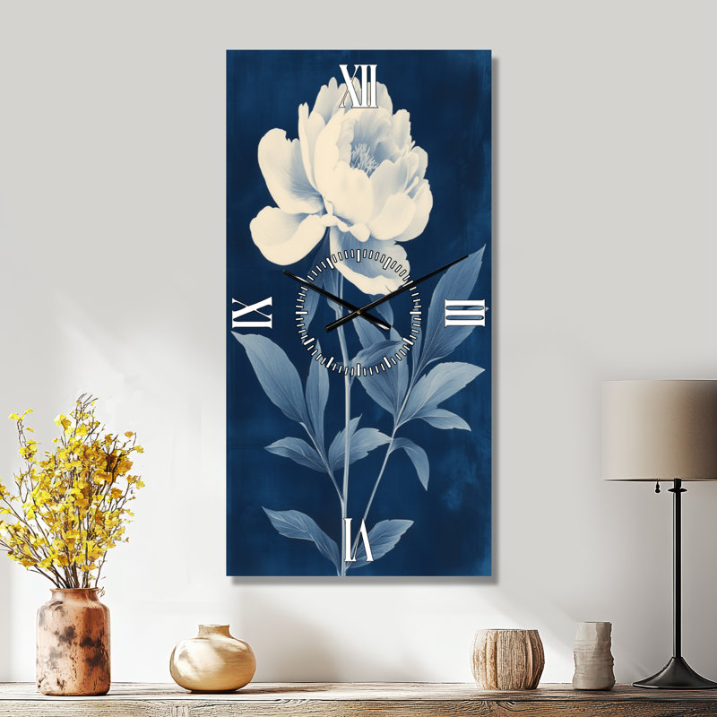 Horloge murale florale Pivoine bleu de Prusse I, H 40 po x l 20 po - Rectangle