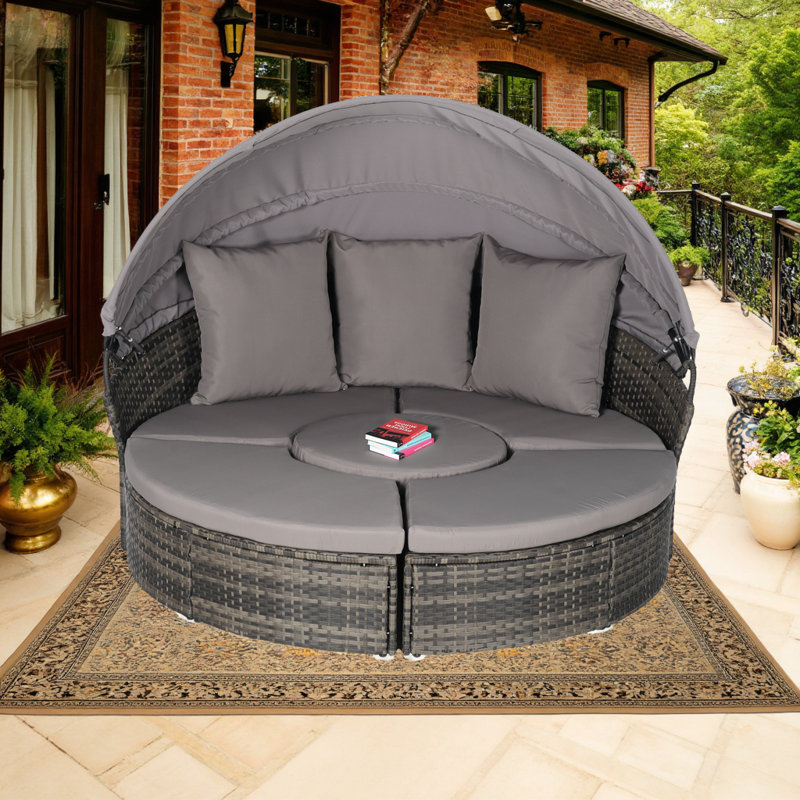All-Weather 5-Piece Outdoor Daybed Conversation Sets with Retractable Canopy and Hidden Table, Dark Grey