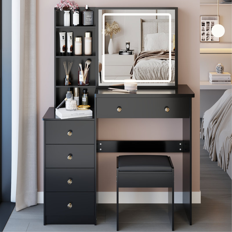 Meuble-lavabo de 37 po et tabouret de chevet gauche 37 po, miroir à DEL tactile avec réglage de la luminosité tricolore, rangement à grande capacité, design américain, option d'habillage noir