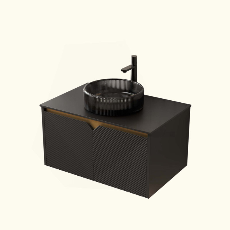 Meuble-lavabo de salle de bain et lavabo, armoire de rangement flottante murale en contreplaqué, portes doubles en sergé avec garniture en métal, lavabo rond en verre transparent et plateau en pierre frittée